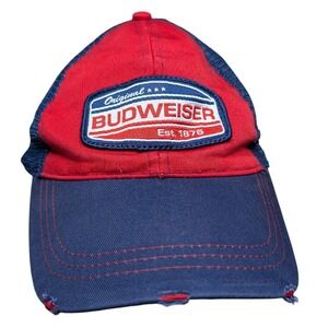 Budweiser Patch Hat Distressed Blue Red Snap Back Trucker Baseball Hat Retro